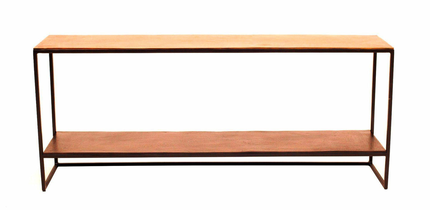 Elegancka personalizowana konsola Danner 122 x 28 x 51 cm w kolorze brązowo-drewnianym z miedzianym kloszem w zaskakująco atrakcyjnej cenie.