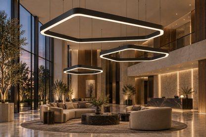 Lampy VELORA 400, 250 i 150 cm w lobby hotelowym – wizualizacja kompozycji