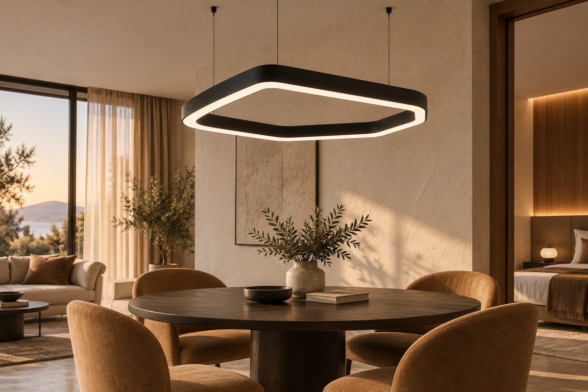 Czarna geometryczna lampa VELORA 130 cm w apartamencie hotelowym – wizualizacja