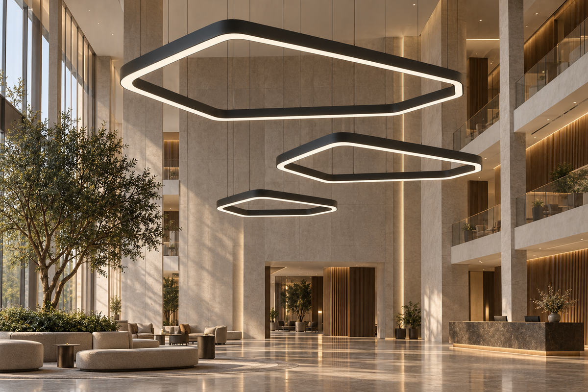 Kompozycja lamp VELORA 600, 400 i 230 cm w hotelowym atrium – wizualizacja