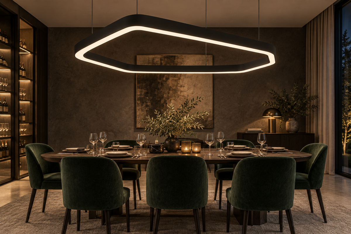 Lampa wisząca VELORA 200 cm nad stołem w restauracji – wizualizacja