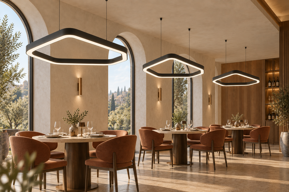 Trzy lampy wiszące LED VELORA 110 cm we wnętrzu restauracji – wizualizacja