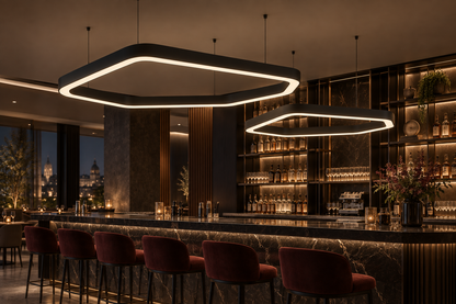 Lampy VELORA 250 i 170 cm nad barem restauracyjnym – wizualizacja
