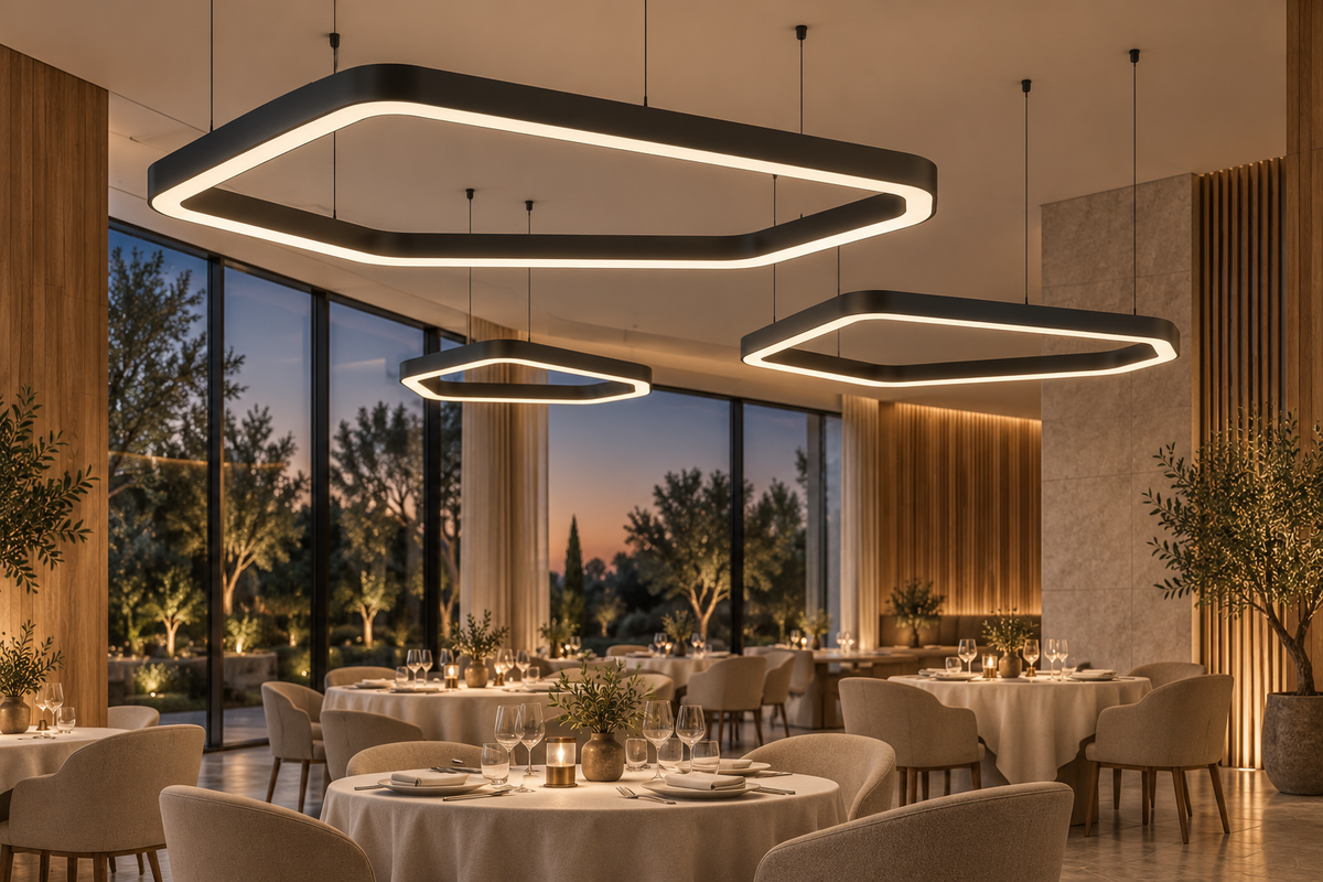 Kompozycja lamp VELORA 400, 230 i 150 cm w sali restauracyjnej – wizualizacja
