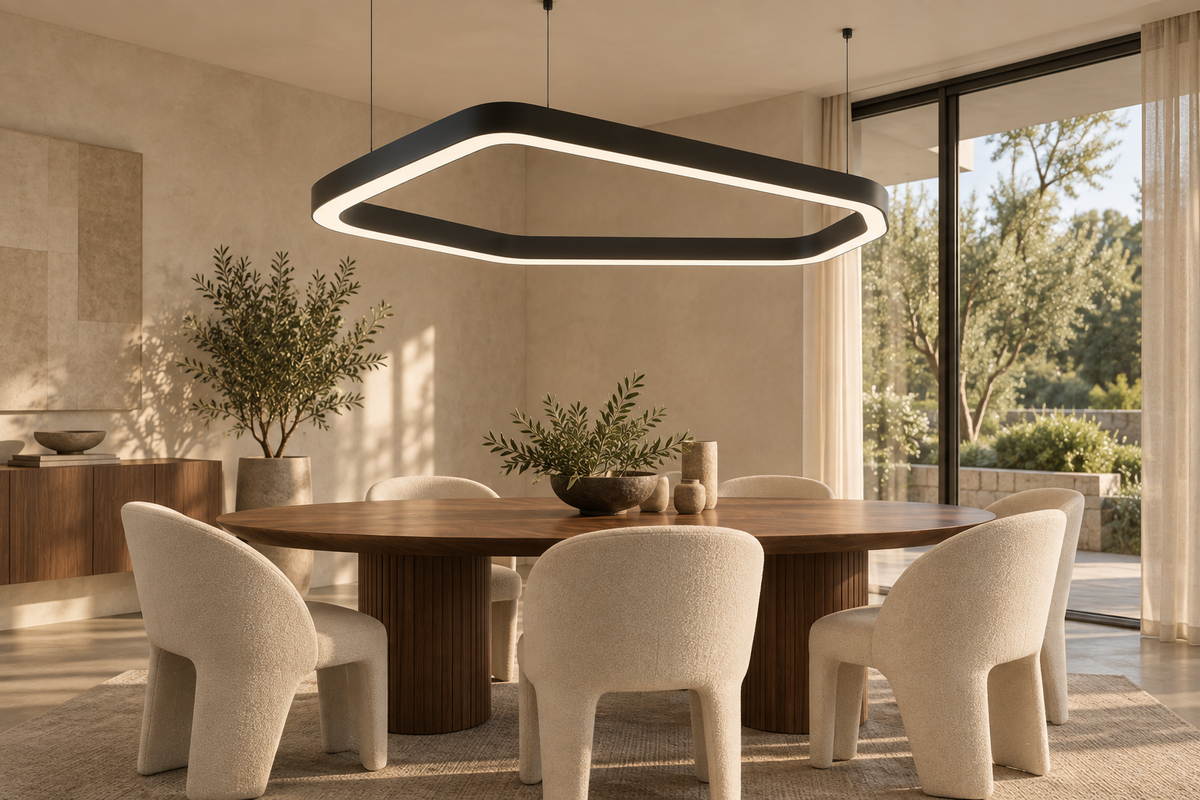 Geometryczna lampa VELORA 170 cm w jadalni rezydencji – wizualizacja