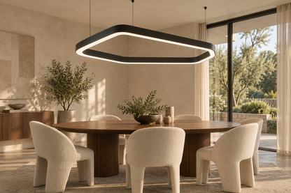 Geometryczna lampa VELORA 170 cm w jadalni rezydencji – wizualizacja
