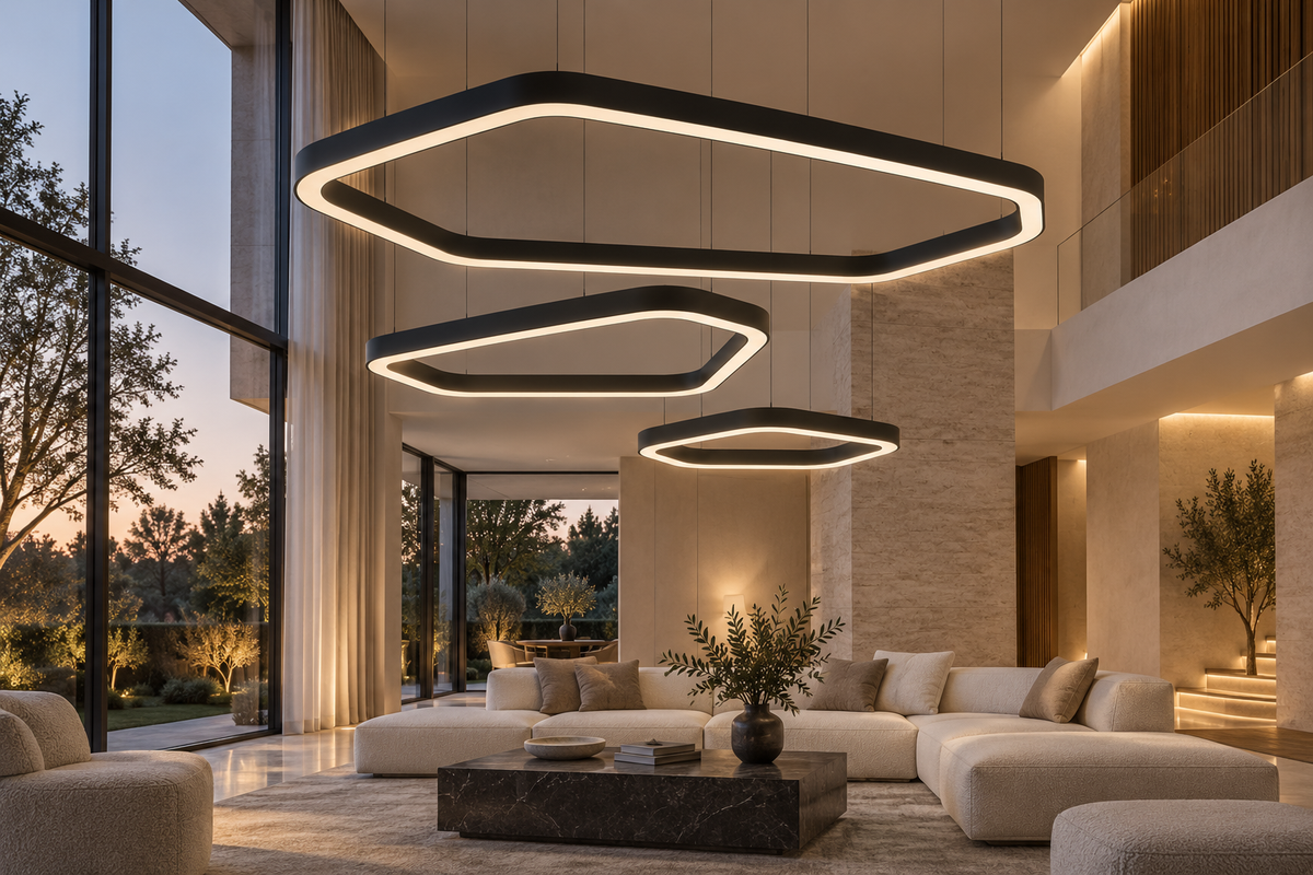 Lampy VELORA 300, 200 i 110 cm w salonie rezydencji – wizualizacja