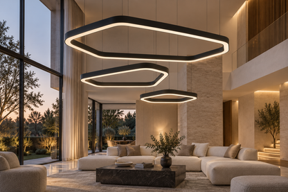Lampy VELORA 300, 200 i 110 cm w salonie rezydencji – wizualizacja