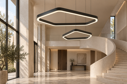 Lampy VELORA 250 i 150 cm w holu rezydencji – wizualizacja