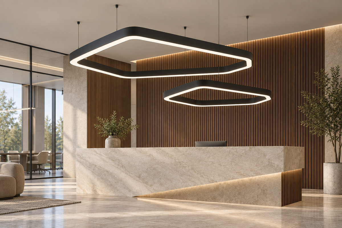 Lampy VELORA 200 i 130 cm przy recepcji biurowej – wizualizacja