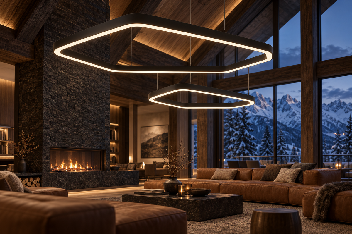 Lampy VELORA 230 i 150 cm we wnętrzu hotelu górskiego – wizualizacja