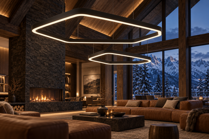 Lampy VELORA 230 i 150 cm we wnętrzu hotelu górskiego – wizualizacja