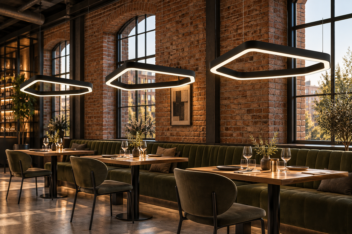 Trzy lampy VELORA 130 cm w restauracji loftowej – wizualizacja