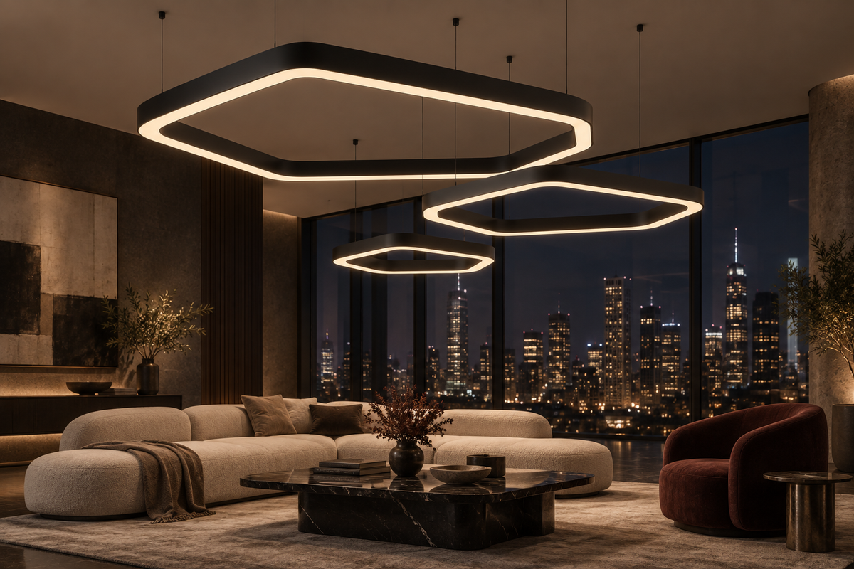 Kompozycja lamp VELORA 250, 170 i 110 cm w penthousie – wizualizacja