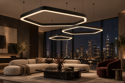 Kompozycja lamp VELORA 250, 170 i 110 cm w penthousie – wizualizacja