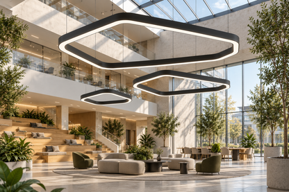 Lampy VELORA 500, 300 i 170 cm w atrium biurowca – wizualizacja