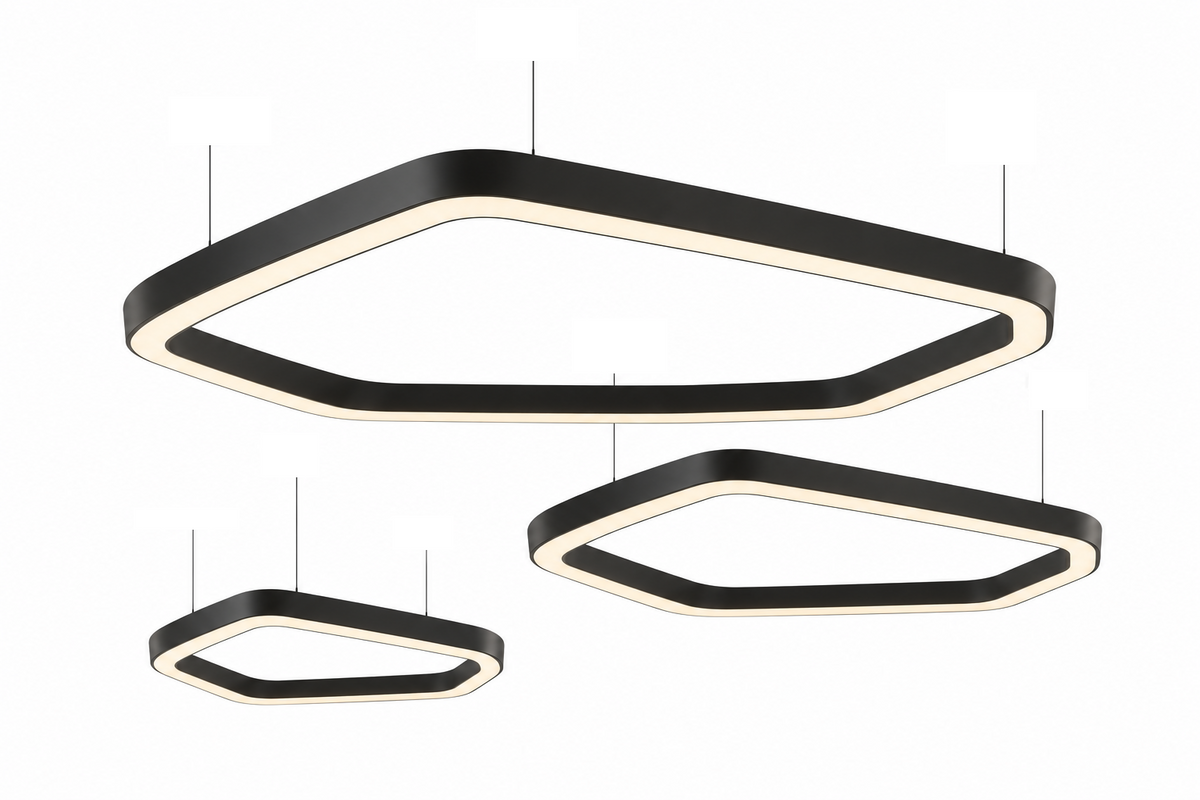 Kompozycja trzech czarnych lamp wiszących VELORA 250, 170 i 90 cm na białym tle