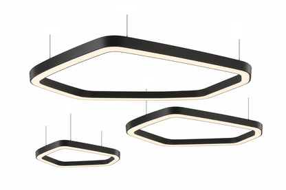 Kompozycja trzech czarnych lamp wiszących VELORA 250, 170 i 90 cm na białym tle