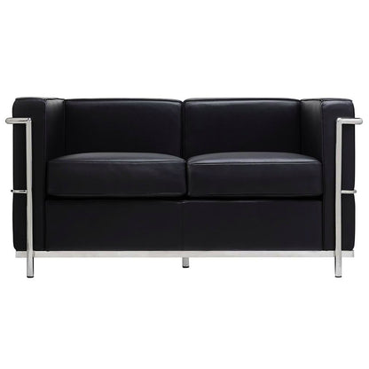 Elegancka sofa LC2 w kolorze czarnym, wykonana z włoskiej skóry i stali