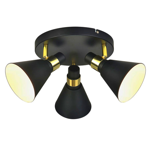 Elegancka lampa sufitowa Coon w kolorze czarnym, matowym ze złotymi akcentami, którą można dostosować do własnych potrzeb. Moc 40 W, wysokość 9 cm, szerokość 20 cm.