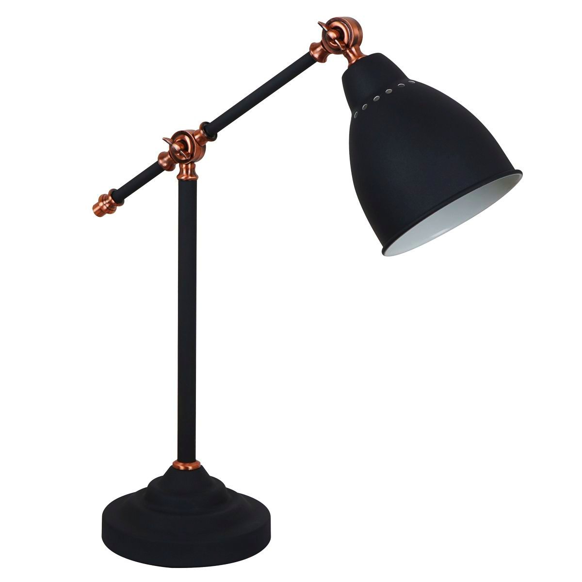 Elegancka lampa biurkowa Oleary w kolorze czarnym, piaskowanym i czerwono-miedzianym.