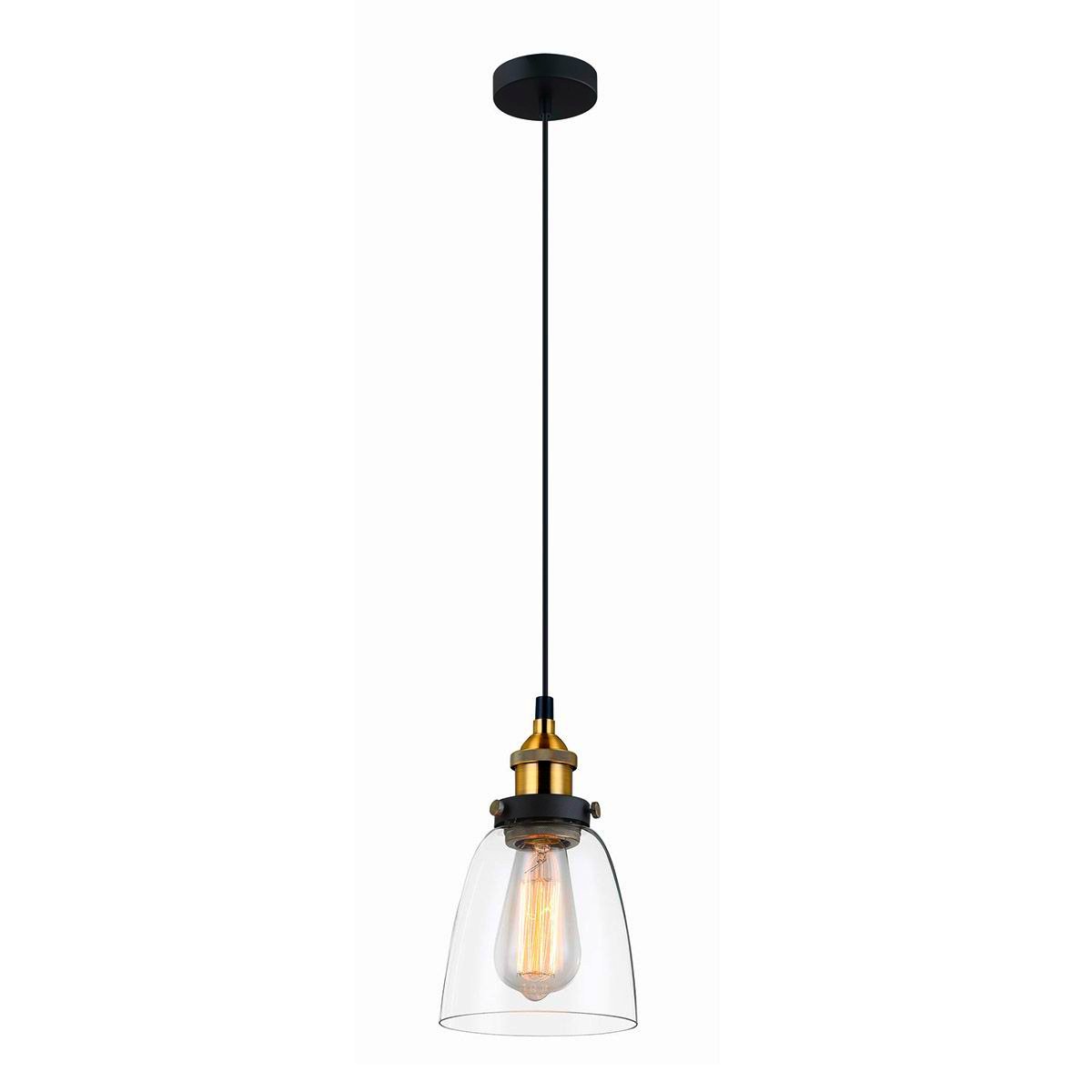 Elegancka lampa wisząca Woodard w kolorze czarno-złotym, którą można dostosować do własnych potrzeb. Moc 60W, wysokość 15cm, konstrukcja metalowo-szklana.