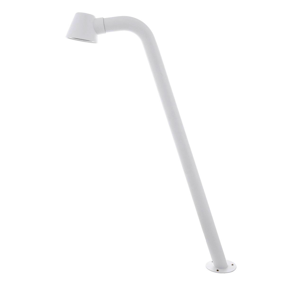 Elegancka biała lampa podłogowa Finnegan o spersonalizowanym designie, energooszczędnej mocy 35W i aluminiowym kloszu. Wysokość 100 cm, stopień ochrony IP44.