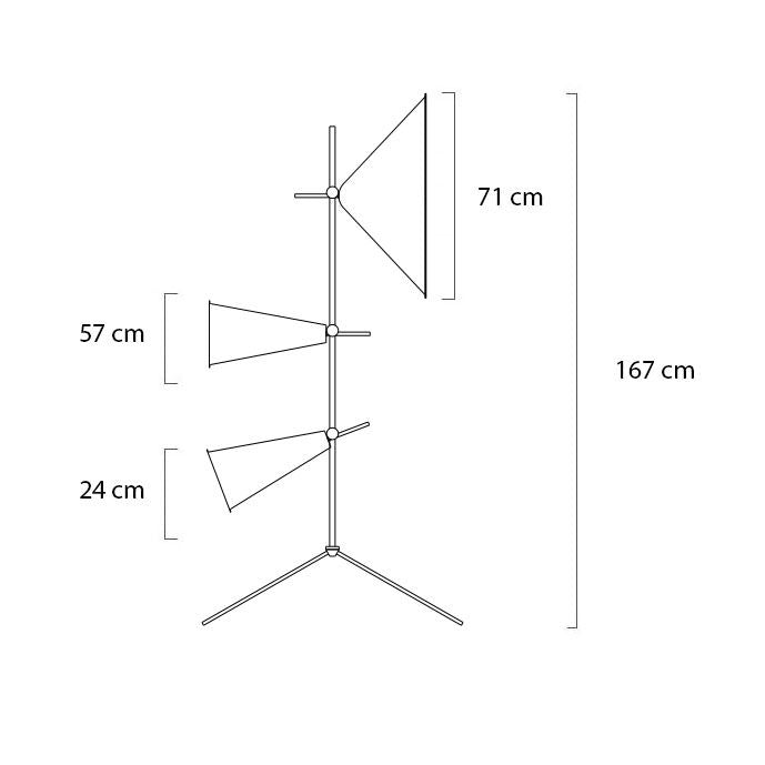 Wysokość lampy wynosi 167 cm, a całkowita średnica klosza 71 cm