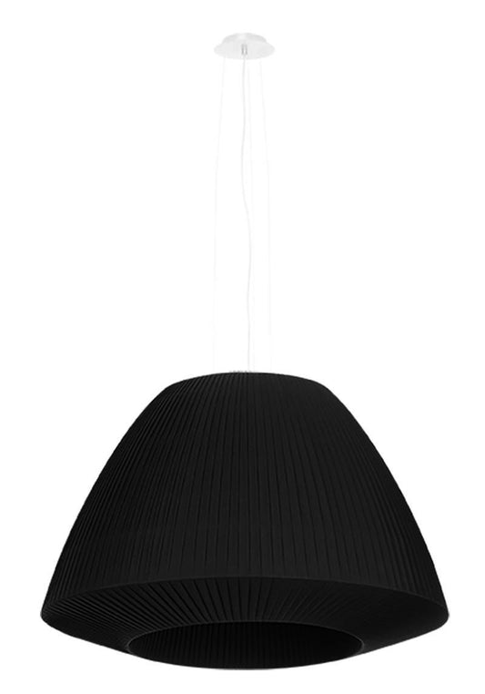 Elegancka czarna lampa wisząca Bell wykonana z metalu, szkła i tkaniny - idealna do nowoczesnych wnętrz.