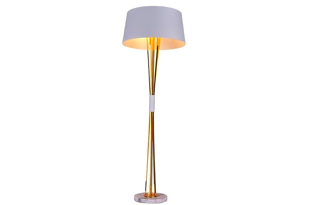 Elegancka lampa podłogowa Gracelyn ze złotą ramą, białym aluminiowym kloszem i marmurową podstawą.